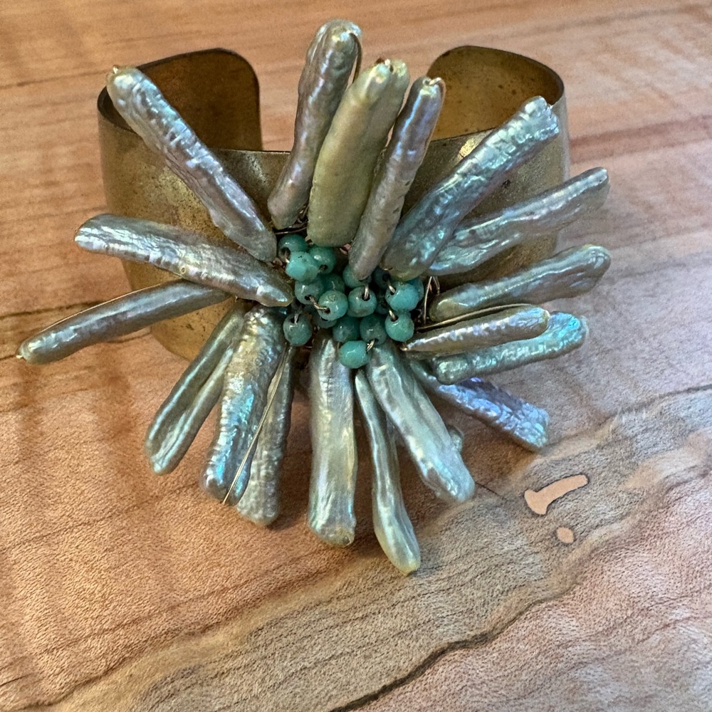 Unique Brass Cuff Bracelet with Freshwater Pearl and Turquoise Accents